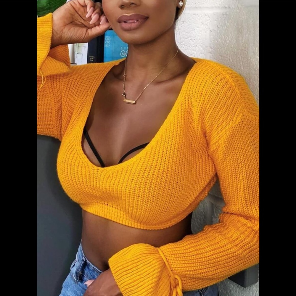 Sexy Lemon Yellow Long Sleeve With Ties At The Cuffs Super Sexy Crop Sweater